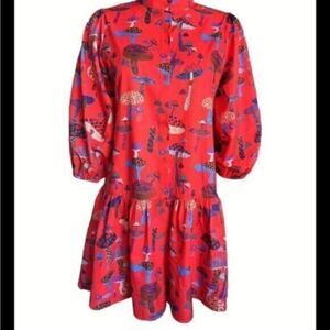 Red Animal Print Mushroom Button Up Oversized Lantern Sleeve Mini Dress L
